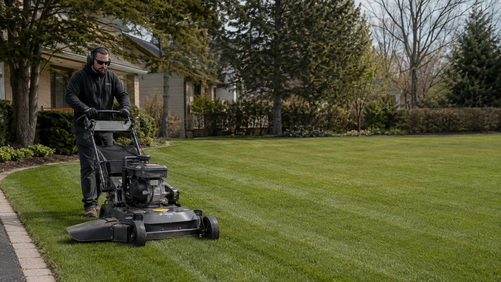 A professional mowing a residential lawn with clean parallel stripes